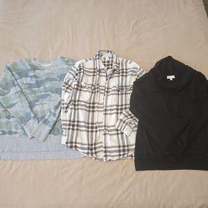 Camouflage Sweater, Plaid Shirt, and Black Hoodie Set